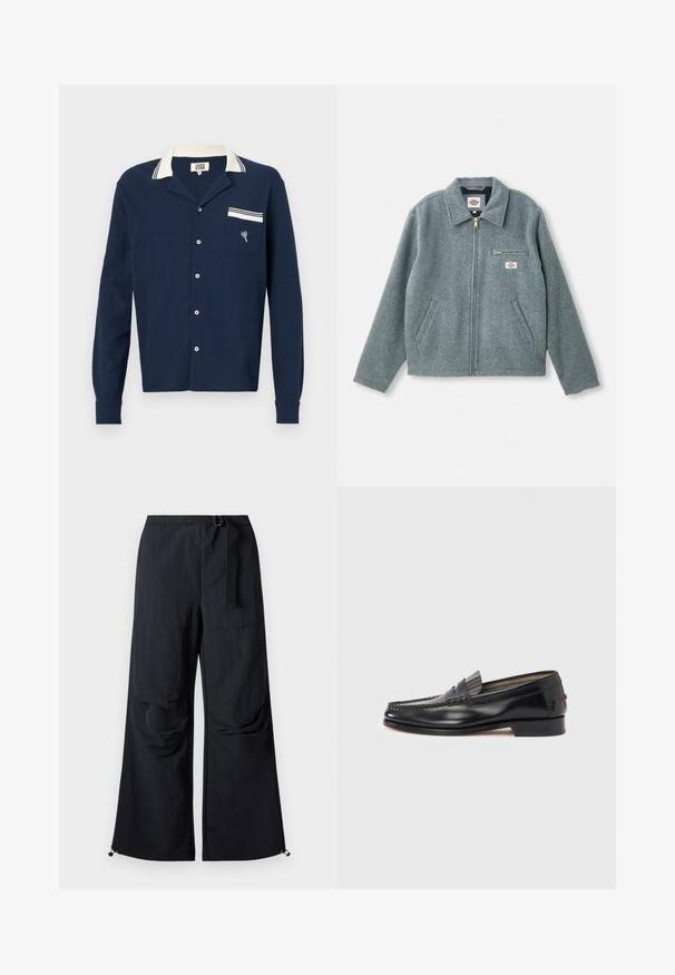 Graue Wollmischung Jacke mit Reißverschluss vorne, spitzem Kragen, zwei seitlichen Taschen und einer kleinen Brusttasche mit einem Markenetikett.; Marineblaue Hemdbluse aus strukturiertem Stoff mit weißem Kragen und einer Tasche, die ein Herzdesign und einen gestreiften Akzent aufweist.; Schwarze, weit geschnittene Hose aus leichtem Stoff. Verfügt über einen Gürtel, zwei große Seitentaschen und verstellbare Säume mit Kordelzug.; Schwarze Leder-Loafer mit Mokassin-Design, verziert mit einem dekorativen Band und Steppnähten am Obermaterial. Niedriger Blockabsatz.