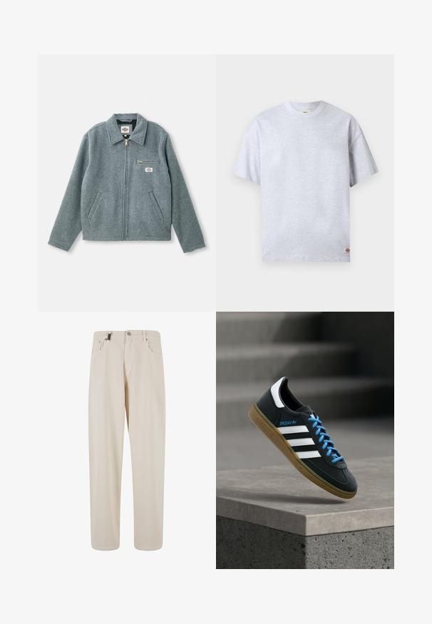 Graue Wollmischung Jacke mit Reißverschluss vorne, spitzem Kragen, zwei seitlichen Taschen und einer kleinen Brusttasche mit einem Markenetikett.; Schlichtes hellgraues T-Shirt mit kurzen Ärmeln und Rundhalsausschnitt, versehen mit einem kleinen rechteckigen Logotag am unteren rechten Saum.; Beige Baumwollhose mit geradem Bein, ausgestattet mit Vorderwärtstaschen und einem Knopfverschluss. Glatte Textur mit minimaler Detailierung.; Schwarzer Adidas-Sneaker mit weißen Streifen, blauen Schnürsenkeln und Gummisohle, der über einer grauen Betontreppe im weichen Licht schwebt.