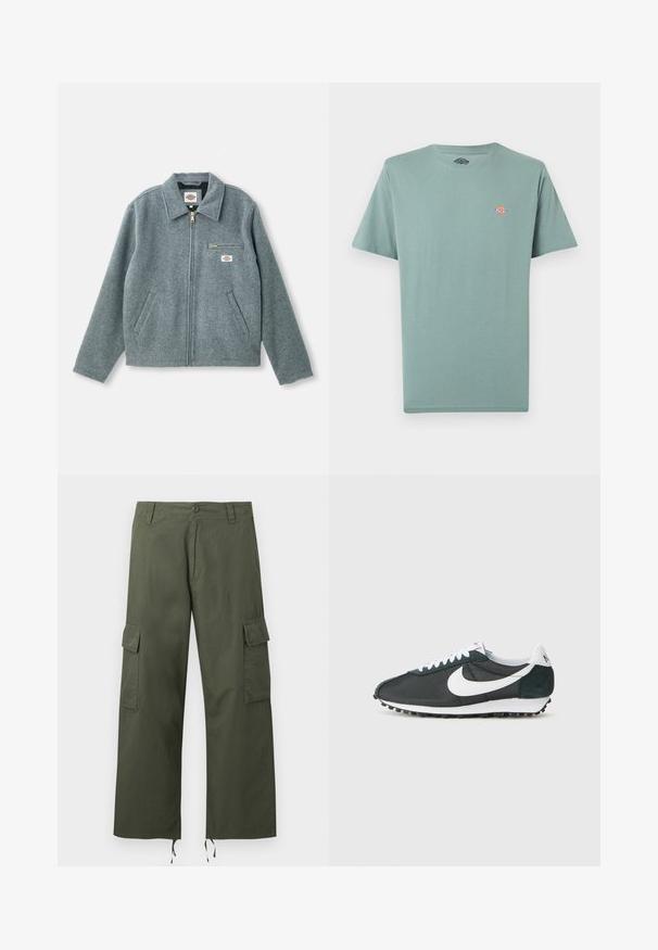Graue Wollmischung Jacke mit Reißverschluss vorne, spitzem Kragen, zwei seitlichen Taschen und einer kleinen Brusttasche mit einem Markenetikett.; Schlichtes, gedämpftes grünes T-Shirt mit kurzen Ärmeln und Rundhalsausschnitt, mit kleinem, mehrfarbigem Dickies-Logo auf der linken Brust.; Olivgrüne Cargohose mit seitlichen Klappentaschen, Knopfverschluss, Gürtelschlaufen und verstellbaren Kordeln an den weiten Hosenbeinen.; Nike-Sneaker aus schwarzem Mesh mit weißem Swoosh, weißen Schnürsenkeln und dunkelgrünen Wildlederakzenten. Verfügt über eine strukturierte schwarze Gummisohle.