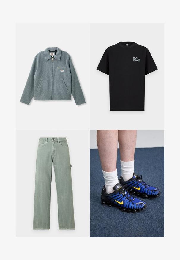 Graue Wollmischung Jacke mit Reißverschluss vorne, spitzem Kragen, zwei seitlichen Taschen und einer kleinen Brusttasche mit einem Markenetikett.; Schwarzes kurzärmliges T-Shirt aus Baumwolle mit einem grafischen "Dickies"-Logo in heller Kontrastfarbe auf der Vorderseite. Standard-Rundhalsausschnitt.; Hellgrüne Jeans mit weitem Bein aus Denim, versehen mit einem klassischen Fünf-Taschen-Design und dezenten Used-Details.; Blaue und schwarze Sportschuhe zeichnen sich durch ein Mesh-Design, gelbe Akzente und eine segmentierte Sohle aus. Sie werden mit weißen Knöchelsocken getragen.