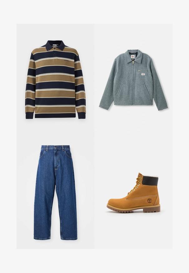 Grijze wolmix jack met een rits aan de voorkant, puntige kraag, twee zijzakken en een klein borstzakje met een merklabel.; Poloshirt met lange mouwen in marineblauw, beige en witte verticale strepen; beschikt over een kraag, drie knopen aan de voorkant en een geborduurd logo op de borst.; Denim wijde broek in donkerblauw. Kenmerken zijn een hoge taille, riemlussen en een klassiek vijf-pocket ontwerp. Gestikte zoom met een schone afwerking.; Bruine leren enkellaars met metalen oogjes, witte faux bont voering, zwarte gewatteerde kraag, robuuste zool en een reliëflogo aan de zijkant.