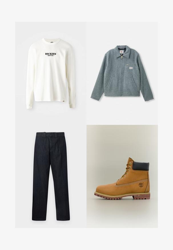 Chaqueta de mezcla de lana gris con cierre de cremallera en el frontal, cuello puntiagudo, dos bolsillos laterales y un pequeño bolsillo en el pecho con una etiqueta de marca.; Sudadera de manga larga blanca de canalé con un logo negro "DICKIES" y "DESDE '22" debajo, cuello redondo y mangas con puños.; Pantalones azul oscuro de corte recto con cintura alta y trabillas, mostrados sobre un fondo blanco liso.; Bota de tobillo de cuero marrón con cuello negro, cordones amarillos y suela beige. Presenta un logotipo y detalles de costura blanca. Suela exterior con tracción robusta.