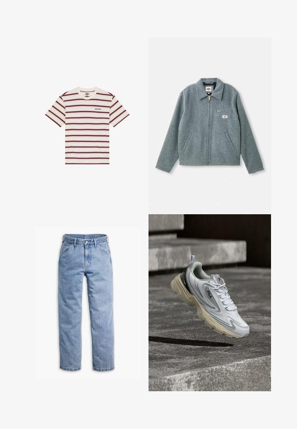 Grå uldblandet jakke med lynlås foran, spids krave, to sidelommer og en lille brystlomme med et mærketikette.; Kortærmet T-shirt med vandrette maroon- og cremefarvede striber, med "Dickies" logo broderet på venstre bryst.; Lyseblå straight-leg denimjeans med forreste knap- og lynlås, bæltestropper og skrå forlommer.; Hvid og beige FILA-sneaker ophængt over betontrapper, der viser side- og topdesign med snørebånd og branding.