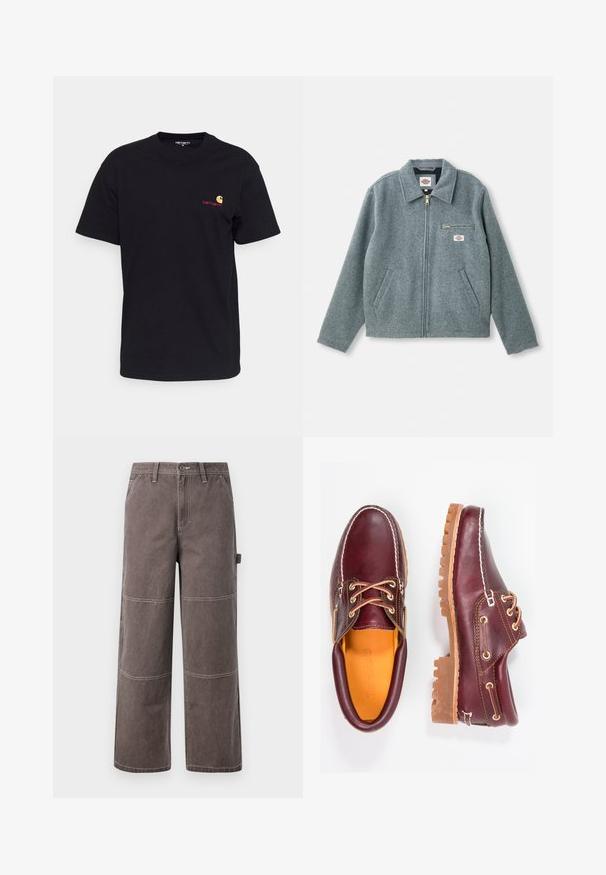 Veste grise en mélange de laine avec une fermeture éclair à l'avant, un col pointu, deux poches latérales et une petite poche sur la poitrine avec une étiquette de marque.; T-shirt en coton noir à manches courtes, col rond, avec un petit logo coloré sur la poitrine gauche. Coupe classique avec une texture lisse.; Pantalons larges de couleur marron délavée, fabriqués en tissu durable avec des coutures contrastées. Présente des détails en panneaux et une poche latérale.; Chaussures en cuir bourgogne avec semelles en caoutchouc marron, bout rond, couture blanche et œillets dorés. L'intérieur présente une doublure jaune.