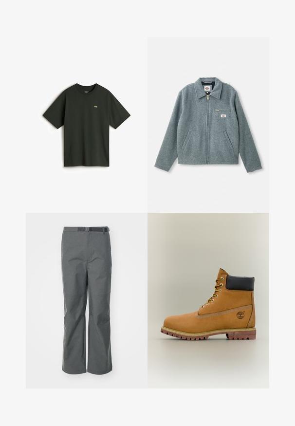 Chaqueta de mezcla de lana gris con cierre de cremallera en el frontal, cuello puntiagudo, dos bolsillos laterales y un pequeño bolsillo en el pecho con una etiqueta de marca.; Vans Camiseta básica - dark green; Pantalones exteriores grises hechos de tejido resistente, con un corte de pierna recta, cinturón ajustable y detalles en las costuras para mayor estructura.; Bota de tobillo de cuero marrón con cuello negro, cordones amarillos y suela beige. Presenta un logotipo y detalles de costura blanca. Suela exterior con tracción robusta.