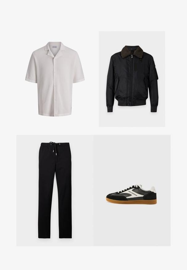 Blouson bomber noir avec col en shearling marron doux, fermeture éclair frontale, deux poches latérales et poignets et ourlet côtelés.; Chemise blanche en maille à manches courtes avec boutons et col camp, tissu texturé et étiquette "Jack & Jones" à l'intérieur de l'encolure.; Pantalon noir en tissu léger, avec une taille élastique munie d'un cordon de serrage, jambes droites et poches latérales.; Baskets basses noir et blanc en matériaux daim et cuir, avec une semelle en caoutchouc gomme et un détail logo "Karl Lagerfeld".