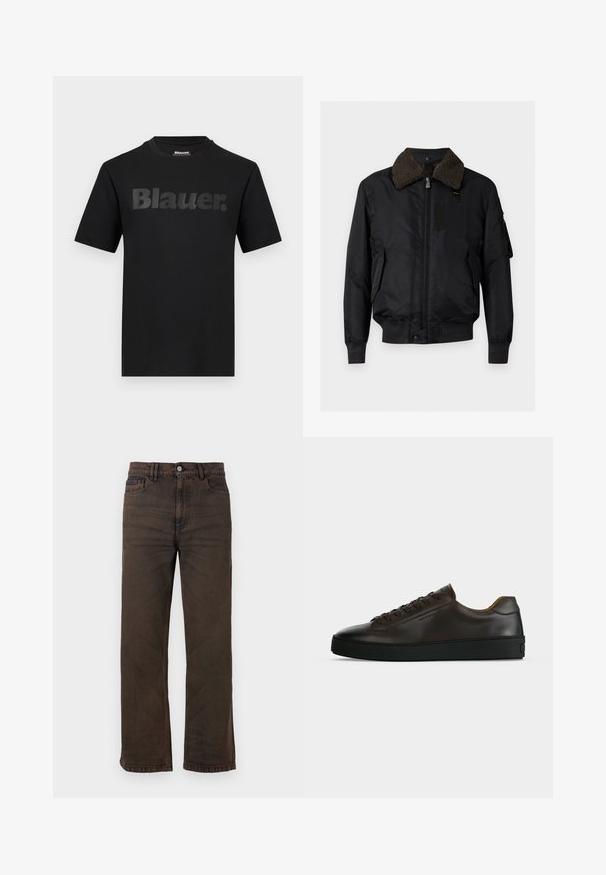 Blouson bomber noir avec col en shearling marron doux, fermeture éclair frontale, deux poches latérales et poignets et ourlet côtelés.; T-shirt noir à manches courtes avec l'inscription "Blauer." en grandes lettres gris foncé sur la poitrine et un col rond.; Jean marron foncé droit avec poches avant, passants de ceinture et fermeture à boutons sur fond uni.; Baskets basses en cuir marron foncé avec semelle en caoutchouc noire, lacets à l'avant et design minimaliste épuré sur fond clair.