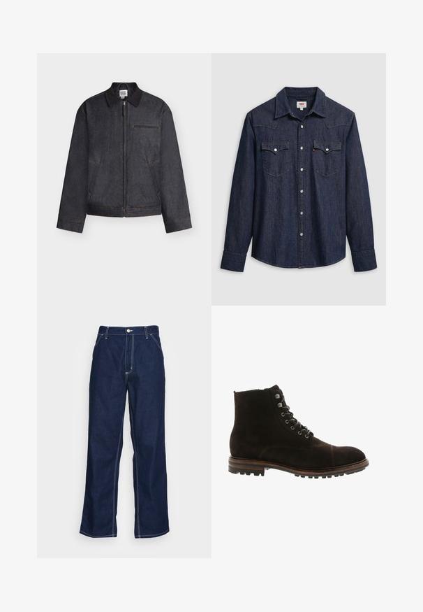 Chaqueta gris oscuro con cierre de cremallera, cuello, dos bolsillos laterales y un bolsillo horizontal en el pecho, mostrada sobre un fondo blanco.; Camisa de mezclilla azul oscuro con cuello puntiagudo, botones a presión y bolsillos en el pecho. Cuenta con detalles de costura y mangas largas.; Pantalones de mezclilla azul oscuro de pierna ancha, con una cintura alta, bolsillos frontales y costuras en blanco que contrastan a lo largo de las costuras.; Blackstone Botines con cordones - brown