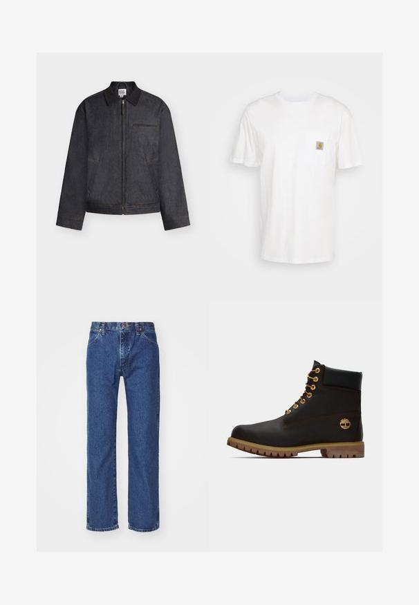 Dunkelgraue Jacke mit Reißverschluss und Kragen, zwei Seitentaschen und einer horizontalen Brusttasche, vor weißem Hintergrund dargestellt.; Weißes Baumwoll-T-Shirt mit kurzen Ärmeln, einer Brusttasche und einem kleinen quadratischen Logopatch in Orange und Weiß auf der Tasche.; Gerade geschnittene blaue Jeans aus Denim mit vorderem Knopf, Reißverschluss, Gürtelschlaufen und Fünf-Taschen-Design auf einem schlichten weißen Hintergrund.; Schwarze Leder-Ankle-Boots mit goldenen Ösen, braunen Akzenten und einer Gummisohle. Verfügt über einen gepolsterten Schaft und ein geprägtes Logo an der Seite.
