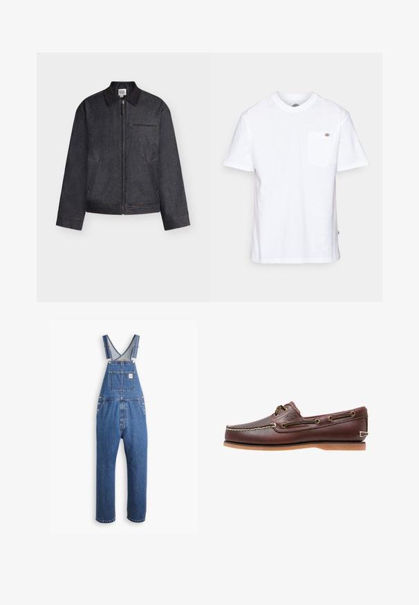Dunkelgraue Jacke mit Reißverschluss und Kragen, zwei Seitentaschen und einer horizontalen Brusttasche, vor weißem Hintergrund dargestellt.; Weißes Baumwoll-T-Shirt mit Rundhalsausschnitt, kurzen Ärmeln und einer Brusttasche, die auf der linken Seite ein kleines Markenlogo aufweist.; Denim-Latzhose in Mittelblau, mit verstellbaren Trägern, einer Brusttasche und metallischen Beschlägen, im lässigen Schnitt und geradem Bein-Design.; Brauner Leder-Bootsschuh mit weißen Nähten, Schnürdetails und hellbrauner Gummisohle, seitlich auf weißem Hintergrund gezeigt.