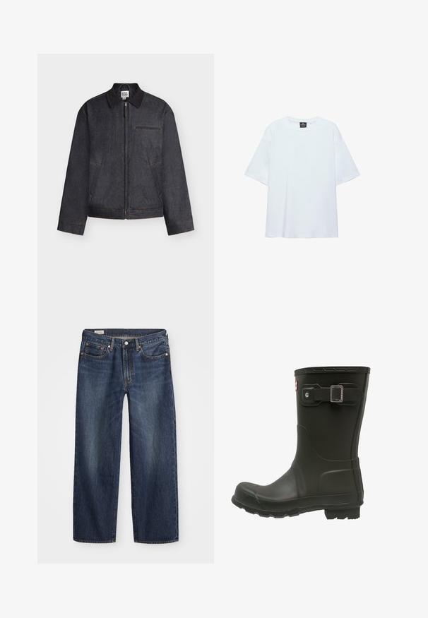 Donkergrijs jack met ritssluiting, een kraag, twee zijzakken en één horizontale borstzak, getoond tegen een witte achtergrond.; Effen witte oversized T-shirt met korte mouwen, ronde halslijn en een zwart label aan de binnenkant van de kraag, op een witte achtergrond.; Donkerblauwe spijkerbroek met een rechte pijp, vijf zakken, metalen knoop en rits, en subtiele wassingpatronen.; Zwarte rubberen regenlaars met een ronde neus, een gespband aan de bovenkant en een geprofileerde buitenzool voor grip.
