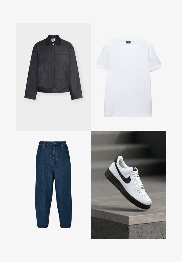 Veste zippée gris foncé avec col, deux poches latérales et une poche horizontale sur la poitrine, présentée sur un fond blanc.; T-shirt blanc uni à manches courtes, col rond, avec une étiquette noire Pull&Bear à l'intérieur du col, présenté sur fond blanc.; Jean en denim bleu foncé avec une coupe décontractée, taille haute et poignets élastiques. Il dispose d'une fermeture à bouton à l'avant et de cinq poches.; Baskets en cuir blanc avec accents noirs, bout arrondi et détails perforés. Semelle en caoutchouc noire avec motif texturé et fermeture à lacets.