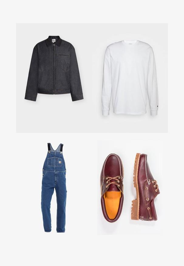 Dunkelgraue Jacke mit Reißverschluss und Kragen, zwei Seitentaschen und einer horizontalen Brusttasche, vor weißem Hintergrund dargestellt.; Weißes Langarm-T-Shirt aus Baumwolle. Rundhals-Design mit gerippten Bündchen und kleinem Logo auf dem linken Ärmel. Glatte Textur.; Jeanslatzhosen in einem mittleren Blauton, mit verstellbaren schwarzen Trägern, mehreren Taschen und Metallbeschlägen.; Bordeauxfarbene Lederschuhe mit braunen Gummisohlen, runder Zehenform, weißen Nähten und goldenen Ösen. Das Innenfutter weist eine gelbe Beschichtung auf.