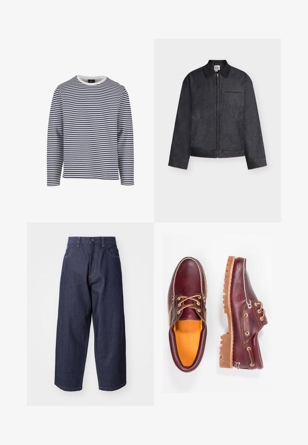 Dunkelgraue Jacke mit Reißverschluss und Kragen, zwei Seitentaschen und einer horizontalen Brusttasche, vor weißem Hintergrund dargestellt.; Langarmshirt mit navyblauen und weißen horizontalen Streifen, rundem Ausschnitt, aus Baumwollmaterial und mit lockerer Passform.; Dunkelblaue Denim-Jeans mit einem lockeren, weiten Schnitt. Zu den Merkmalen gehören ein Knopfverschluss, Fronttaschen und sichtbare Nähte.; Bordeauxfarbene Lederschuhe mit braunen Gummisohlen, runder Zehenform, weißen Nähten und goldenen Ösen. Das Innenfutter weist eine gelbe Beschichtung auf.