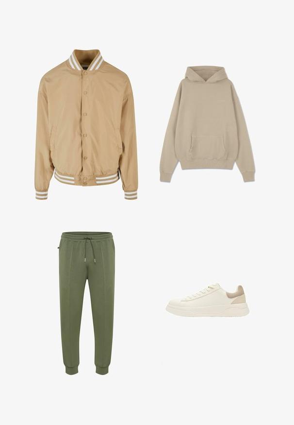 Lys beige bomberjakke med trykknaplukning, ribbet hvid stribet krave og manchetter samt sidelommer. Glat, let skinnende stof.; Beige hættejakke lavet af bomuldsblanding, med en kengurulomme, snøre i hætten og ribbede manchetter og kant. Minimalistisk branding på brystet.; Joggingbukser i olivengrøn lavet af blødt stof, med snøre i taljen, sidelommer og ribbestrikkede manchetter for en tæt pasform.; Off-white lavtsiddende sneaker med tyk sål, snørelukning foran og beige ruskindshæl, vist i sideprofil.