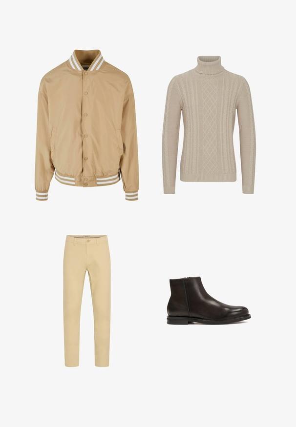 Veste bomber beige clair avec fermeture à boutons-pression, col et poignets côtelés à rayures blanches, et poches latérales. Tissu lisse et légèrement brillant.; Pull en col roulé beige en tricot texturé, avec un motif en cablures et des bords-côtes aux poignets et à l'ourlet. Coupe classique avec des manches longues.; Chino beige avec une coupe slim, en tissu de coton. Comprend une fermeture à bouton et à zip, des poches avant, et une texture lisse et mate.; Bottine en cuir noir avec une texture lisse, bout arrondi et un petit talon. Dispose d'une fermeture éclair sur le côté pour un enfilage facile.