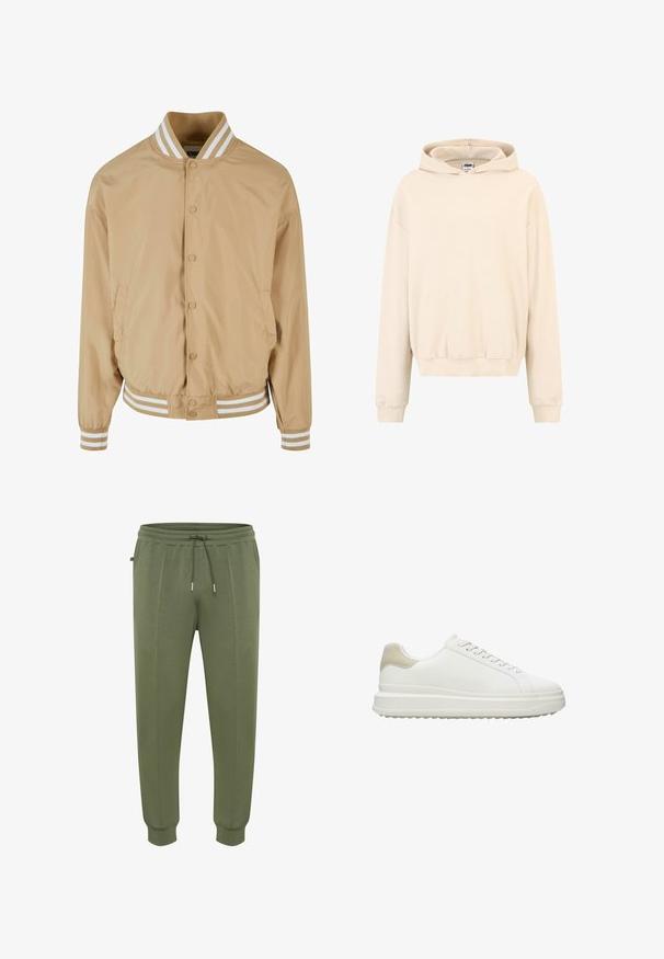 Lichtbeige bomberjack met een knoopsluiting, gestreepte ribbelkraag en manchetten in het wit, en zijzakken. Glad, licht glanzend materiaal.; Crème-kleurige hoodie met een geribbelde textuur, kangoeroezak, trekkoordkap en elastische manchetten, met een ontspannen pasvorm.; Joggingbroeken in olijfgroen gemaakt van zachte stof, voorzien van een taille met trekkoord, zijzakken en geribbelde boorden voor een goede pasvorm.; Witte sneakers van glad leer met een gestructureerde beige hielaccent, voorzien van ronde veters, een laag profiel ontwerp en een rubberen buitenzool.