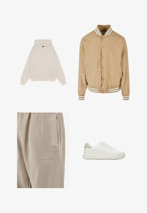 Veste bomber beige clair avec fermeture à boutons-pression, col et poignets côtelés à rayures blanches, et poches latérales. Tissu lisse et légèrement brillant.; Sweatshirt à capuche gris clair en tissu doux, avec une poche avant et le mot "PEGAOOR" brodé en blanc sur la poitrine.; Pantalons jogger beige en mélange de coton doux, avec une poche latérale et un tissu texturé subtil. Logo de la marque embossé sur la cuisse.; Baskets blanches en cuir lisse avec un accent beige texturé au talon, dotées de lacets ronds, d'un design profil bas et d'une semelle extérieure en caoutchouc.