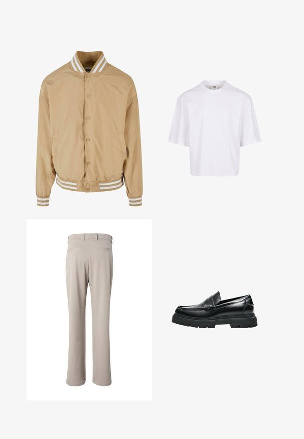 Veste bomber beige clair avec fermeture à boutons-pression, col et poignets côtelés à rayures blanches, et poches latérales. Tissu lisse et légèrement brillant.; T-shirt blanc à manches courtes avec un col rond et une coupe décontractée, fabriqué à partir d'un tissu en coton mélangé doux. Aucun motif ni embellissement.; Pantalon beige droit vu de dos, avec passants de ceinture et deux poches passepoilées à la taille.; Mocassin en cuir noir avec semelle épaisse à crampons et détail de bride penny, vu de profil sur fond blanc.