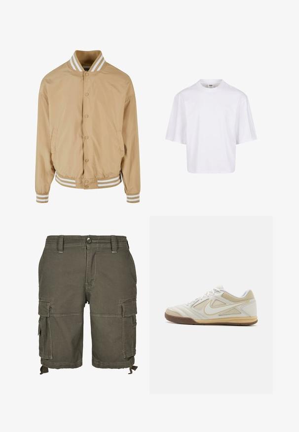 Lys beige bomberjakke med trykknaplukning, ribbet hvid stribet krave og manchetter samt sidelommer. Glat, let skinnende stof.; Hvid t-shirt med korte ærmer, der har en rund halsudskæring og en afslappet pasform, lavet af et glat bomuldsblandingsstof. Ingen mønstre eller udsmykninger.; Oliven grønne cargo-shorts lavet af slidstærkt stof, med flere sidelommer, bæltestropper og syede detaljer for ekstra struktur.; Hvid atletisk sko med en struktureret overdel, grå accenter, snørebånd og en tan gummisål. Har et karakteristisk logo på siden.