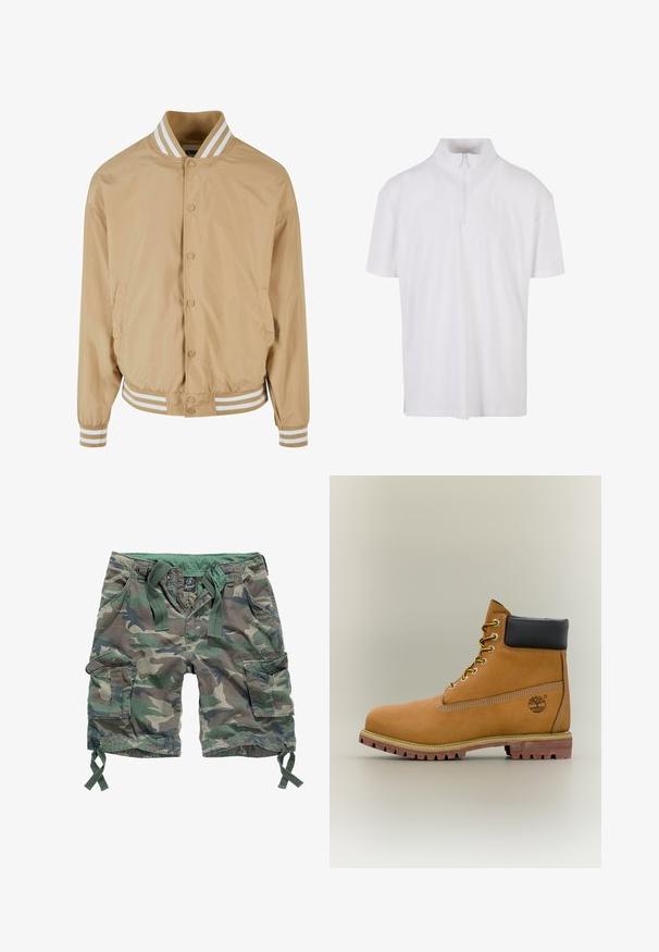 Lichtbeige bomberjack met een knoopsluiting, gestreepte ribbelkraag en manchetten in het wit, en zijzakken. Glad, licht glanzend materiaal.; Witte shirt met korte mouwen, hoge kraag en een kwart rits. Gemaakt van zachte, lichtgewicht stof met een relaxte pasvorm.; Cargoshorts in een camouflagepatroon, met meerdere zakken, een elastische tailleband met trekkoorden en van katoenmateriaal.; Bruine leren enkellaars met zwarte kraag, gele veters en een zandkleurige zool. Voorzien van een logo en witte stikseldetails. Robuuste loopzool met grip.