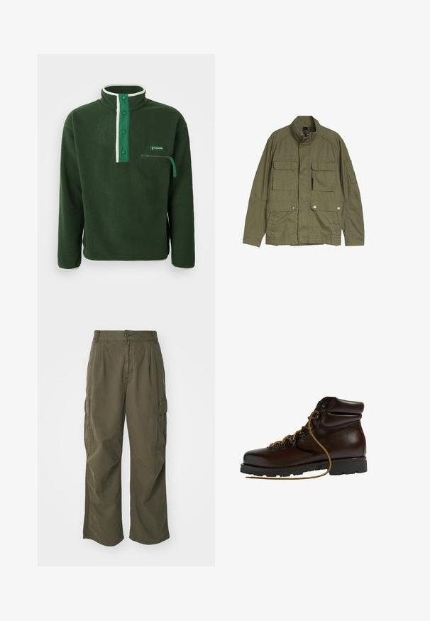 Chaqueta de estilo militar verde oliva con cuatro bolsillos delanteros con solapa, cierres de cremallera y broches, y cuello mao.; Polaire verde con cuello alto, que presenta una cremallera blanca en contraste, botones a presión y un bolsillo en el pecho con cremallera. Tejido texturizado.; Pantalones cargo en verde oliva, fabricados en algodón, con un diseño de pierna ancha, pliegues y bolsillos laterales para mayor utilidad.; Botas de senderismo de cuero marrón con punta redondeada, superficie texturizada, cordones amarillos y ojales de metal. Cuentan con una suela de goma negra resistente.