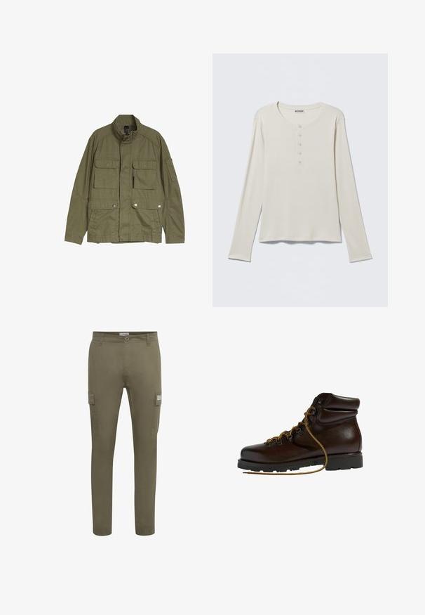 Olivengrøn militærjakke med fire frontlommer med klap, lynlås og trykknaplukninger samt en opretstående krave.; Langærmet cremefarvet henley-shirt med rund halsudskæring og fem-knaps læg, mærket Weekday, lagt fladt på en neutral baggrund.; Olivenfarvede cargo bukser lavet af letvægtsstof, med lige pasform, sidelommer og elastiske manchetter ved anklerne.; Brun læder vandrestøvle med en afrundet tå, tekstureret overflade, gule snørebånd og metaløjer. Har en robust sort gummisål.
