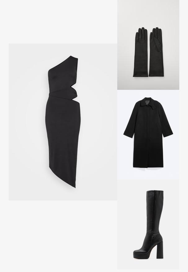 Sort lang frakke med krave, to sidelommer, ærmer i fuld længde og skjulte knapper foran på en lys baggrund.; Sort én-skulder kjole lavet af glat stof, med en asymmetrisk skæring, drapering og en elegant, tætsiddende silhuet.; Sorte knæhøje støvler lavet af glat læder med en struktureret overflade, der har en høj blokhælkonstruktion og et rundt tådesign.; Sorte læderhandsker med en glat tekstur, der har forlængede fingre og et tætsiddende design, velegnet til formelt tøj.
