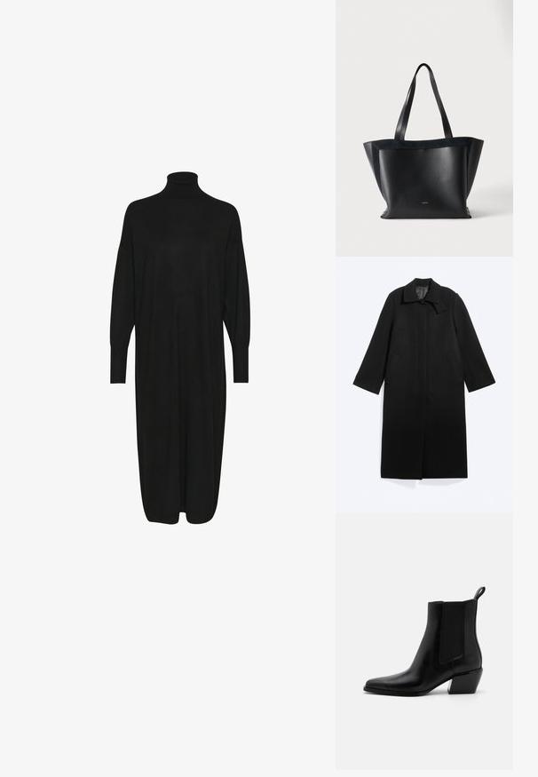 Abrigo largo negro con cuello, dos bolsillos laterales, mangas de longitud completa y botones delanteros ocultos sobre un fondo claro.; Vestido negro de punto con un cuello alto tipo mock, mangas largas y un corte holgado. Textura suave con una longitud hasta la mitad de la pantorrilla y sin patrones ni acentos visibles.; Botas de tobillo de cuero negro con punta afilada, paneles laterales elásticos y un tacón bajo en bloque. Cuenta con una lengüeta en el talón para facilitar su uso.; Bolso tote de cuero negro con dos asas largas, forma rectangular y logo sutil en el centro inferior sobre un fondo liso.