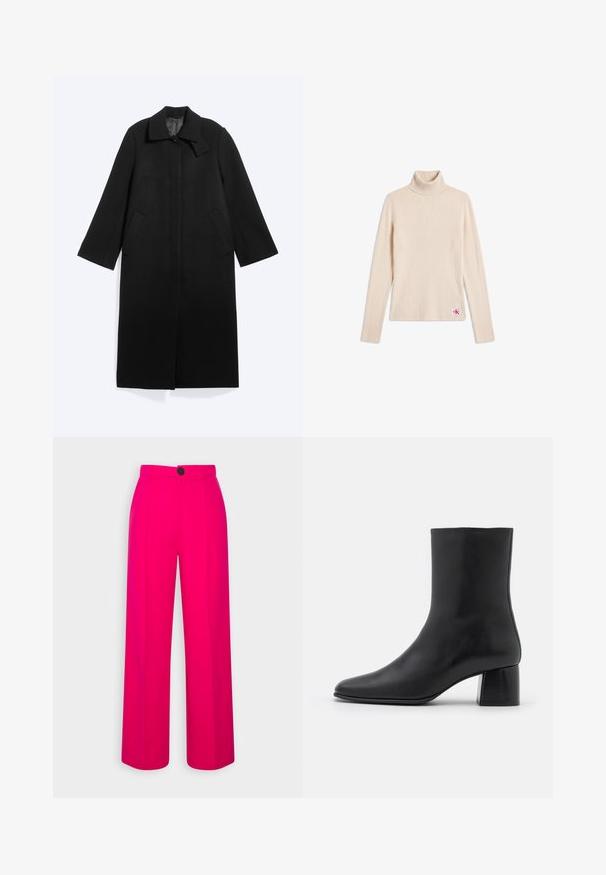 Sort lang frakke med krave, to sidelommer, ærmer i fuld længde og skjulte knapper foran på en lys baggrund.; Beige ribstrikket langærmet turtleneck sweater med et lille logopatch nær den nederste kant på en hvid baggrund.; Fuchsia brede bukser med høj talje, frontfald og en enkelt sort knaplukning. Glat tekstur og skræddersyet design.; Sorte læder ankelstøvler med spids tå og en kraftig firkantet hæl. Glat overflade med et sømløst design og minimalistisk syning.