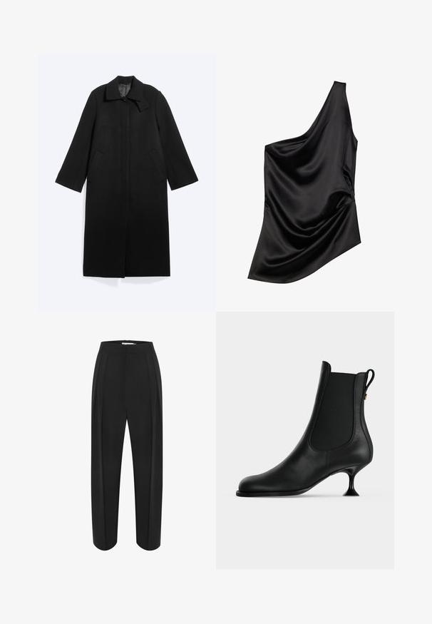 Abrigo largo negro con cuello, dos bolsillos laterales, mangas de longitud completa y botones delanteros ocultos sobre un fondo claro.; Top de satén negro con un escote asimétrico, detalle de tela drapeada y textura suave. Presenta un solo hombro y una silueta fluida.; Pantalones de pierna ancha negros con una cintura alta, con una textura suave y dos plisados frontales. Diseñados con una silueta limpia y ajustada.; Botín de cuero negro con punta puntiaguda, paneles elásticos en los laterales y un tacón de tipo kitten delgado y acampanado sobre un fondo liso y claro.
