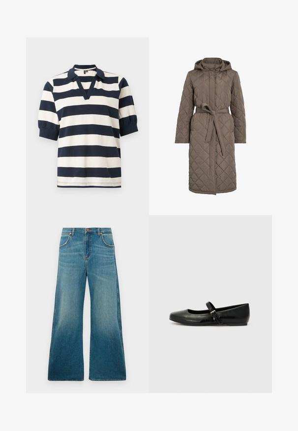 Abrigo largo acolchado en marrón apagado, con capucha, cintura ceñida con cinturón y un patrón de costura diagonal. Fabricado con un material suave y acolchado.; Camisa polo de algodón a rayas con rayas horizontales blancas y marinas, manga corta tipo abullonada, escote en V y cuello de canalé.; Jeans de mezclilla azul de tiro alto con perneras anchas, bolsillos frontales, cierre de botón y un degradado de color desgastado que va desde la cintura hasta el dobladillo.; Bailarinas de cuero negro con punta redondeada, suela plana y una delgada correa ajustable en el empeine que cuenta con una hebilla de metal.