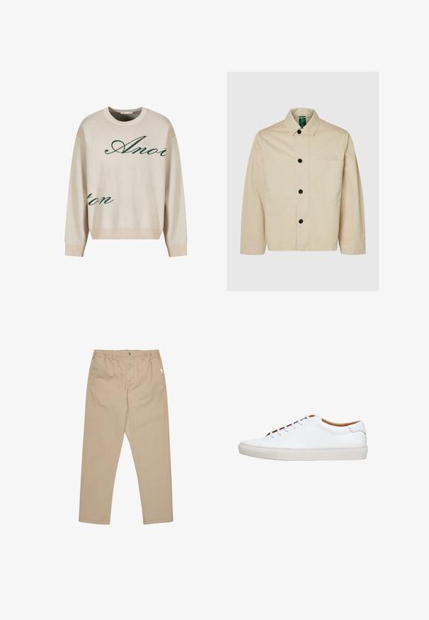 Lysebeige jakke med krave, knapper foran, en enkelt brystlomme og lange ærmer med en afslappet pasform. Blød stoftekstur.; Beige strikket sweater med grønne kursiverede bogstaver. Ribbet halsudskæring og manchetter, afslappet pasform, med blød tekstur.; Khaki bukser lavet af letvægtsstof, med lige ben, knaplukning og sidelommer. Glat tekstur med minimal detaljer.; Hvid lædersneaker med en tekstureret gummisål, rund tå og kontrasterende tanfarvet inderside. Har fem snørehuller og hvide snørebånd.