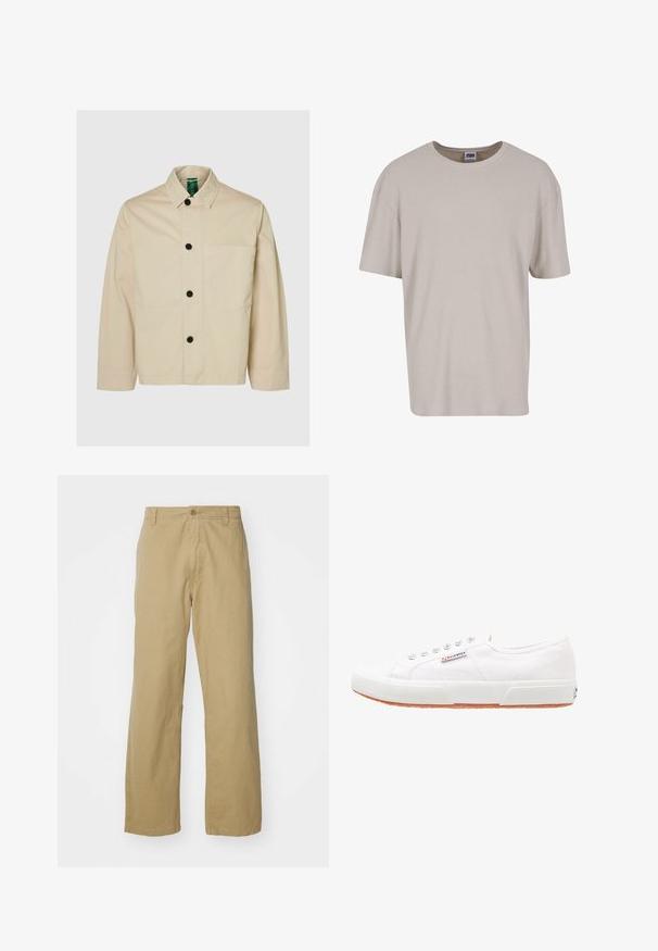 Lysebeige jakke med krave, knapper foran, en enkelt brystlomme og lange ærmer med en afslappet pasform. Blød stoftekstur.; Lys beige kortermet t-shirt lavet af tekstureret stof, med rund halsudskæring og en løs pasform. Ingen synlige mønstre eller hardware.; Khaki bomuldsbukser med lige ben, der har en frontknaplukning og sidelommer. Glat, robust tekstur.; Hvide kanvas sneakers med gummisål, snørebåndsdesign og et lille logo mærke på siden. Tekstureret hvid overdel og brun ydersål.