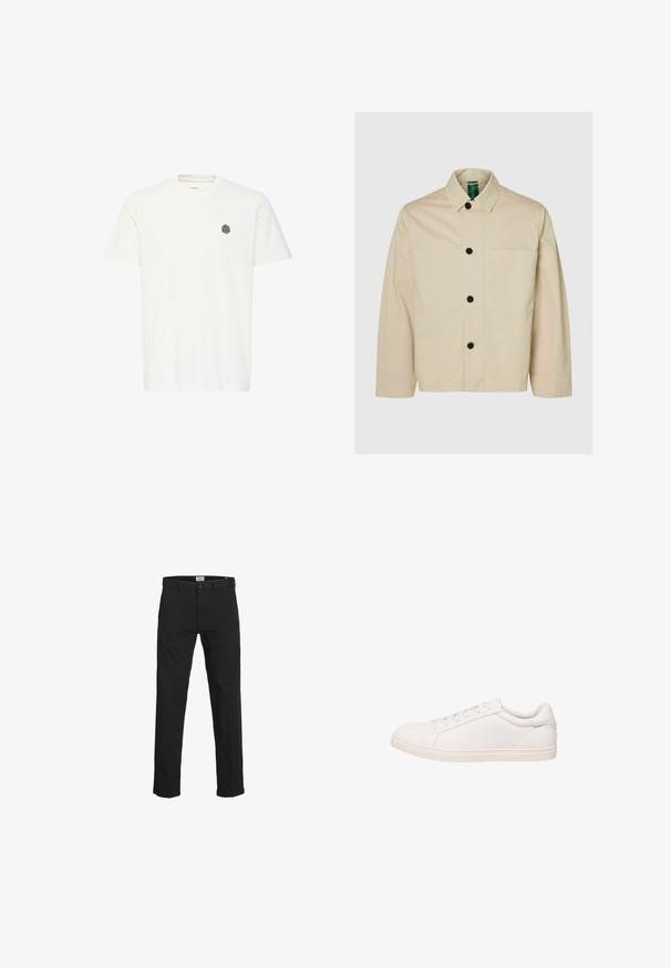 Lysebeige jakke med krave, knapper foran, en enkelt brystlomme og lange ærmer med en afslappet pasform. Blød stoftekstur.; Hvid kortærmet T-shirt lavet af bomuld, med et lille sort geometrisk logo på venstre bryst. Lige snit og rund halsudskæring.; Sorte bukser lavet af bomuld, med lige pasform, bælteløkker, lynlås og knaplukning samt sidelommer.; Hvid lavt sneakersko med snørelukning og flad sål, vist i sideprofil på hvid baggrund.