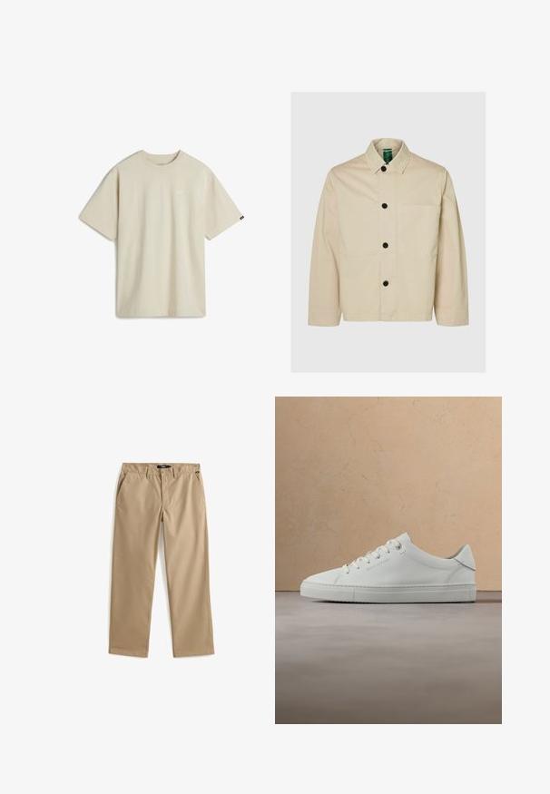 Lysebeige jakke med krave, knapper foran, en enkelt brystlomme og lange ærmer med en afslappet pasform. Blød stoftekstur.; Beige bomulds T-shirt med korte ærmer, rund halsudskæring og et lille hvidt logo på brystet. Glat tekstur med en afslappet pasform.; Beige chinos med lige ben lavet af let bomuldsstof. Har to forlommer og lukning med knap. Glat struktur, minimal dekoration.; Hvid læderlav-top sneaker med snørebånd, placeret i luften over et struktureret beige tæppe, tæt på et rundt træ sofabord med bøger.
