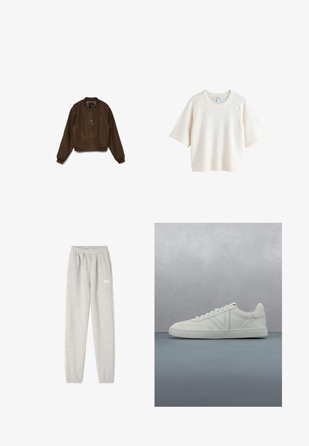 Brun uld bomberjakke med rund halsudskæring, trykknaplukning og ribstrikkede manchetter og kant, prydet med et tekstureret, subtilt mønster.; Next REGULAR FIT - HALF SLEEVE - T-shirts basic - ecru; Grå sweatpants lavet af blød bomuldsblanding, med elastisk talje, sidelommer og et lille logo på venstre lår.; Hvid lædersneaker med snørebånd, der svæver over en træblok og en udendørs flade med småsten, sløret grønt plante og sten i baggrunden.