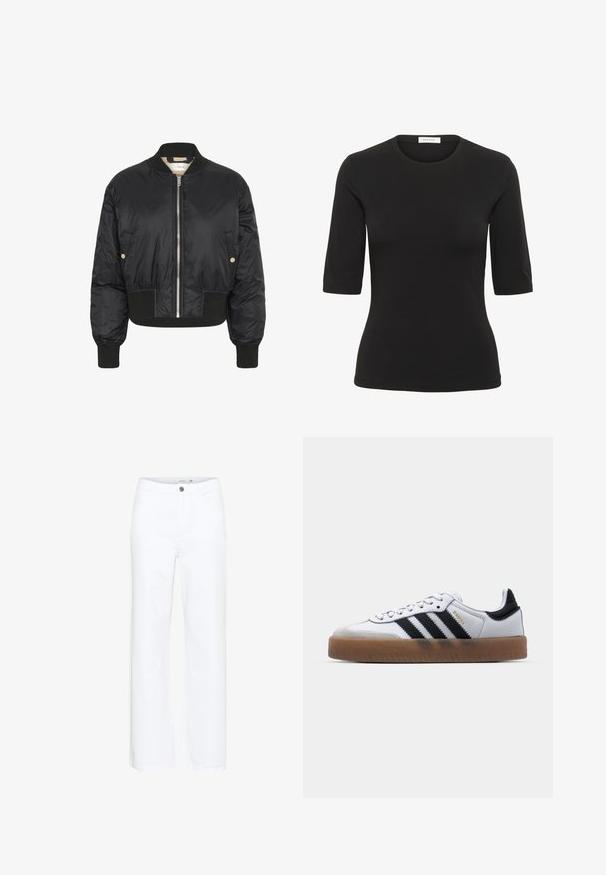 Veste bomber noire avec un design court, en nylon brillant, des poignets et un ourlet côtelés, et une fermeture éclair frontale argentée. Deux poches latérales incluses.; T-shirt noir à manches courtes en tissu lisse, avec un col rond et une coupe ajustée. Présente des coutures minimales et aucun motif.; Jeans blancs à jambes larges en denim. Présentent une fermeture à bouton et un design traditionnel à cinq poches. Texture lisse avec une finition soignée.; Baskets en cuir blanc avec des rayures noires, semelle extérieure en caoutchouc beige, bout rond, fermeture lacée et embout en suède gris doux.