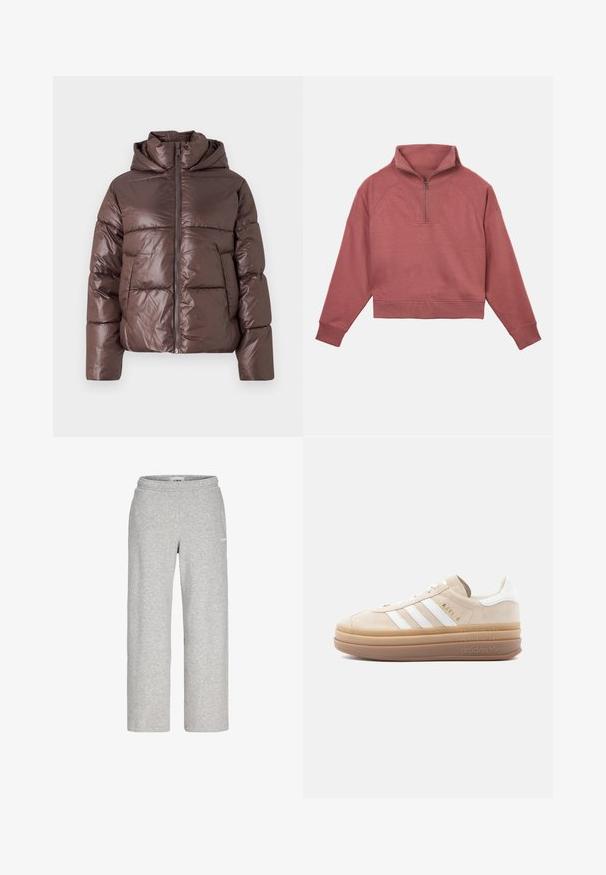 Brun pufferjakke med en blank finish, lynlås lukning, høj krave og lange ærmer. Polstret design med horisontale syninger.; Pullover sweatshirt i støvet rosa, med en kvart lynlås krave, raglanærmer og ribbet kant og manchetter. Fremstillet af tekstureret stof.; Lysegrå sweatpants med lige ben, elastisk talje og lille hvidt logo på øverste lår.; Beige ruskindsneaker med hvide læderdetaljer, der har tre hvide striber, et gyldent logo og en tyk, gennemsigtig gummisål.