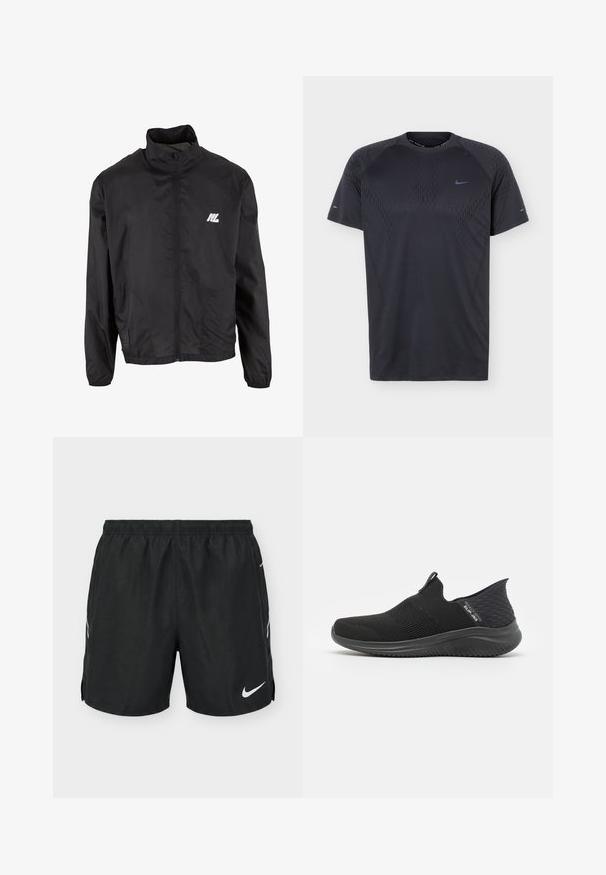 Veste légère noire en matériau synthétique, avec un col montant, une fermeture éclair frontale, des poches latérales et un petit logo blanc sur la poitrine.; T-shirt de sport noir à manches courtes avec un motif subtil et un petit logo Nike Swoosh bleu sur la poitrine et les manches, affiché sur un fond uni.; Shorts de sport noirs avec taille élastique et logo Nike blanc sur la partie inférieure de la jambe gauche, vus de face sur fond blanc.; Chaussures noires à enfiler avec une tige en maille respirante, un design texturé, une semelle flexible et une semelle intérieure lisse et rembourrée.