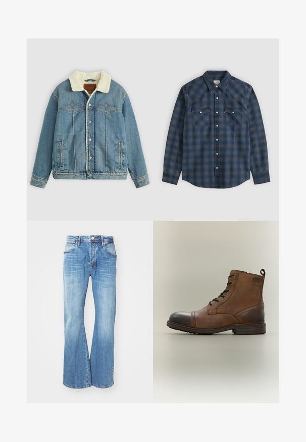 Veste en denim bleu clair avec un col en polaire, des fermetures à pression, des poches avant et un design brodé près de la poitrine.; Chemise à carreaux bleue et grise à manches longues avec col pointu et deux poches poitrine à boutons sur le devant.; Jean en denim bleu clair avec un design évasé, comportant un style classique à cinq poches, une fermeture éclair et des coutures contrastantes le long des coutures.; Botte cheville en cuir marron à lacets avec bout noir, semelle ronde et détail de marque sur le côté sur fond uni.