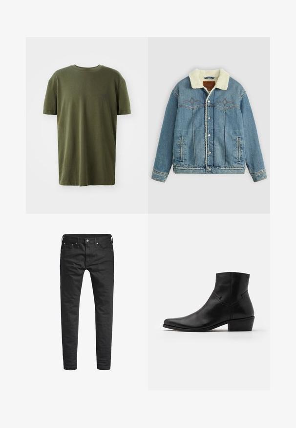 Chaqueta de denim en azul claro con un cuello forrado de felpa, cierres a presión, bolsillos frontales y un diseño bordado cerca del pecho.; Camiseta de color verde oliva en algodón, con mangas cortas, cuello redondo y un pequeño logo impreso en azul oscuro en el lado izquierdo del pecho.; Jeans negros ajustados con bolsillos frontales, cinturas y cierre de botón, exhibidos sobre un fondo blanco.; Botín negro de cuero hasta el tobillo con puntera afilada, detalles de costura mínimos, tacón de bloque de altura media y un acabado suave y pulido.