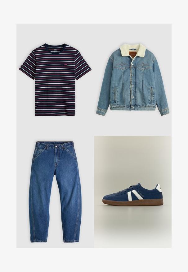 Veste en denim bleu clair avec un col en polaire, des fermetures à pression, des poches avant et un design brodé près de la poitrine.; T-shirt bleu marine à manches courtes avec des rayures horizontales blanches et rouges ainsi qu'un petit logo Levi's rouge sur la poitrine.; Jean en denim bleu à coupe décontractée, doté d'une fermeture à boutons, de cinq poches et de surpiqûres orange contrastantes. Texture lisse sur toute la surface.; Baskets bleu marine avec des bandes blanches sur le côté, une semelle marron texturée, et le logo "JACK & JONES" sur le côté et la languette du talon.