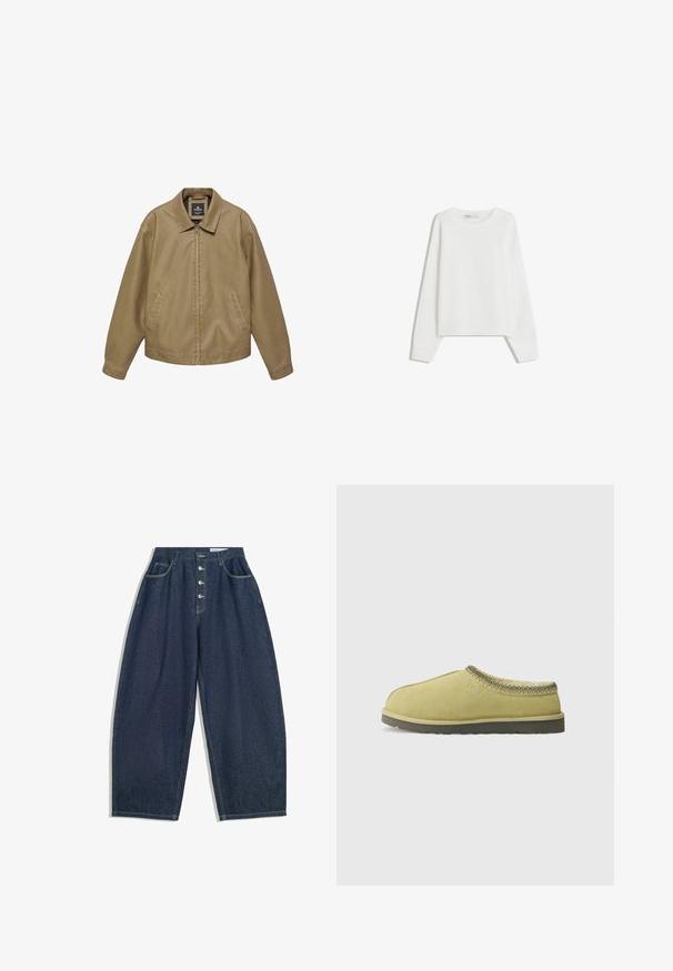 Veste décontractée beige avec fermeture éclair complète à l'avant, poches latérales, manches longues et col pointu, présentée sur un fond blanc.; Pull en tricot blanc avec des manches longues, un col rond, des poignets et un ourlet côtelés. Texture douce, coupe ample, sans motifs ni accents visibles.; Pantalons en denim bleu foncé à jambes larges avec une taille haute, fermeture à cinq boutons et cinq poches. Présente des accents de couture sur les coutures.; UGG TASMAN II - Chaussons - muted brass/magnolia leaf
