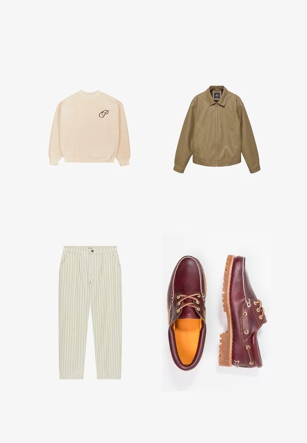 Veste décontractée beige avec fermeture éclair complète à l'avant, poches latérales, manches longues et col pointu, présentée sur un fond blanc.; Pull en beige à col rond avec des manches longues et des bords côtelés, arborant un petit script brodé en noir "P" sur la poitrine gauche.; Pantalon beige à fines rayures verticales noires, bouton et fermeture éclair à l'avant, poches latérales, passants pour ceinture, portant l'étiquette "Guess Jeans" à l'intérieur de la ceinture.; Chaussures en cuir bourgogne avec semelles en caoutchouc marron, bout rond, couture blanche et œillets dorés. L'intérieur présente une doublure jaune.