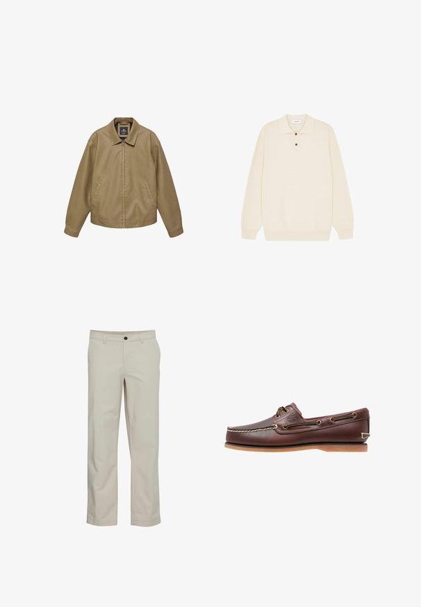 Beige casual jas met volledige ritssluiting aan de voorkant, zijzakken, lange mouwen en een puntige kraag, getoond tegen een witte achtergrond.; Roomkleurige gebreide polotrui met een gestructureerd patroon, lange mouwen en een drieknopsopening. Zachte stof met geribbelde zoom.; Beige katoenen broek met een rechte pijp, zakken aan de voorkant en een enkele knoopsluiting. Soepele textuur met minimale stikdetails.; Bruine leren bootschoen met witte stiksels, veterdetails en beige rubberen zool, zijaanzicht op een witte achtergrond.