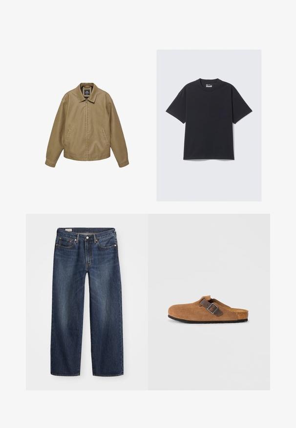 Beige afslappet jakke med fuld lynlås foran, sidelommer, lange ærmer og en spids krave, vist på en hvid baggrund.; Sort bomulds T-shirt med klassisk rund hals, korte ærmer og en afslappet pasform. Glat tekstur med minimal syning.; Mørkeblå denim jeans med lige ben, fem-lomme design, metalknap og lynlåsgylf samt subtile slidmærker.; Brune ruskindsklogs med en justerbar brun læderrem og sølv spænde, der har en formet korkfodbed og en tekstureret gummi sål.