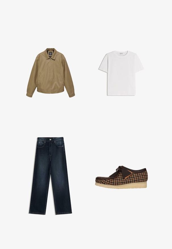 Veste décontractée beige avec fermeture éclair complète à l'avant, poches latérales, manches longues et col pointu, présentée sur un fond blanc.; T-shirt en coton blanc avec un col rond et des manches courtes. Présente une coupe classique et carrée, sans motifs ni accents visibles.; Jean en denim foncé à jambes larges avec une texture lisse, doté d'une fermeture à boutons sur le devant, de cinq poches et de détails de couture contrastants.; Chaussure en textile marron avec un motif pied-de-poule, des détails en cuir et un laçage. Semelle épaisse et texturée offrant soutien et stabilité.