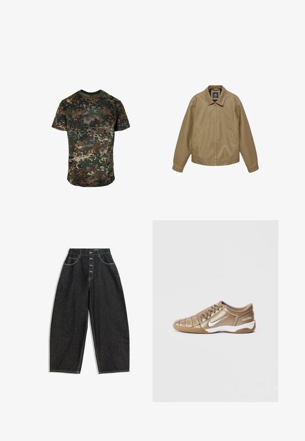 Veste décontractée beige avec fermeture éclair complète à l'avant, poches latérales, manches longues et col pointu, présentée sur un fond blanc.; T-shirt en camouflage en coton, avec un motif multicolore dans les tons de vert, marron et noir. Encolure ronde et manches courtes.; Pantalon large en jean noir avec une taille haute, une fermeture à cinq boutons, deux poches avant et des détails de couture contrastants en blanc.; Chaussures de football Nike Total 90 III en or métallique avec un swoosh blanc, présentant une texture lisse, un design à lacets et une semelle en caoutchouc.