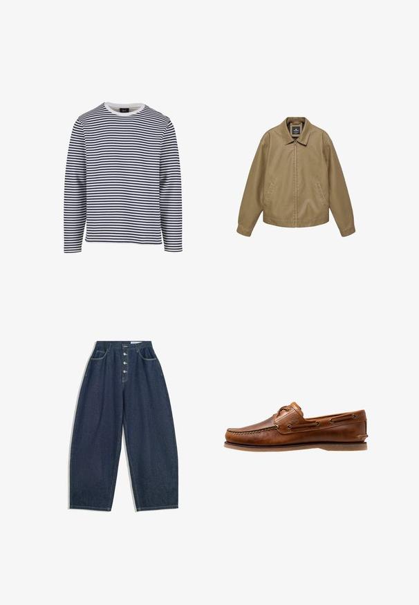 Beige casual jas met volledige ritssluiting aan de voorkant, zijzakken, lange mouwen en een puntige kraag, getoond tegen een witte achtergrond.; Langarmshirt met marineblauwe en witte horizontale strepen, ronde halslijn, katoenen materiaal en een relaxte pasvorm.; Donkerblauwe denim brede broek met een hoge taille, vijfknopen sluiting en vijf zakken. Heeft stiksels op de naden.; Brown leren botenschoen met gestikte accenten, voorzien van metalen oogjes, een verhoogde naad op de neus en een platte rubberen zool.